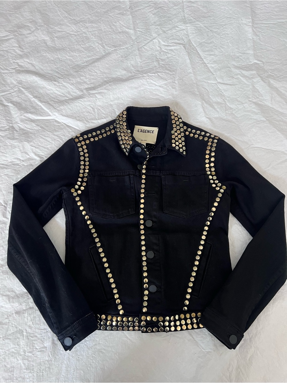 L'Agence Celine Studded Black Cropped Button Front Western Jacket Made USA Sz XS